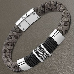 Lotus style heren armband breed grijs gevlochten leer met beads LS2037-2-2 - 4002392